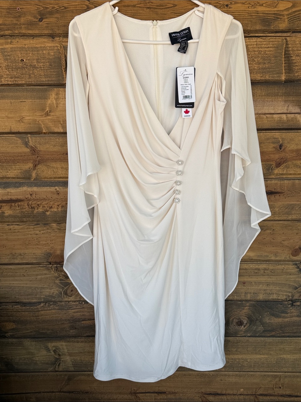 Frank Lyman Ivory Draped V-Neck Dress with Chiffon Cape Sleeves
